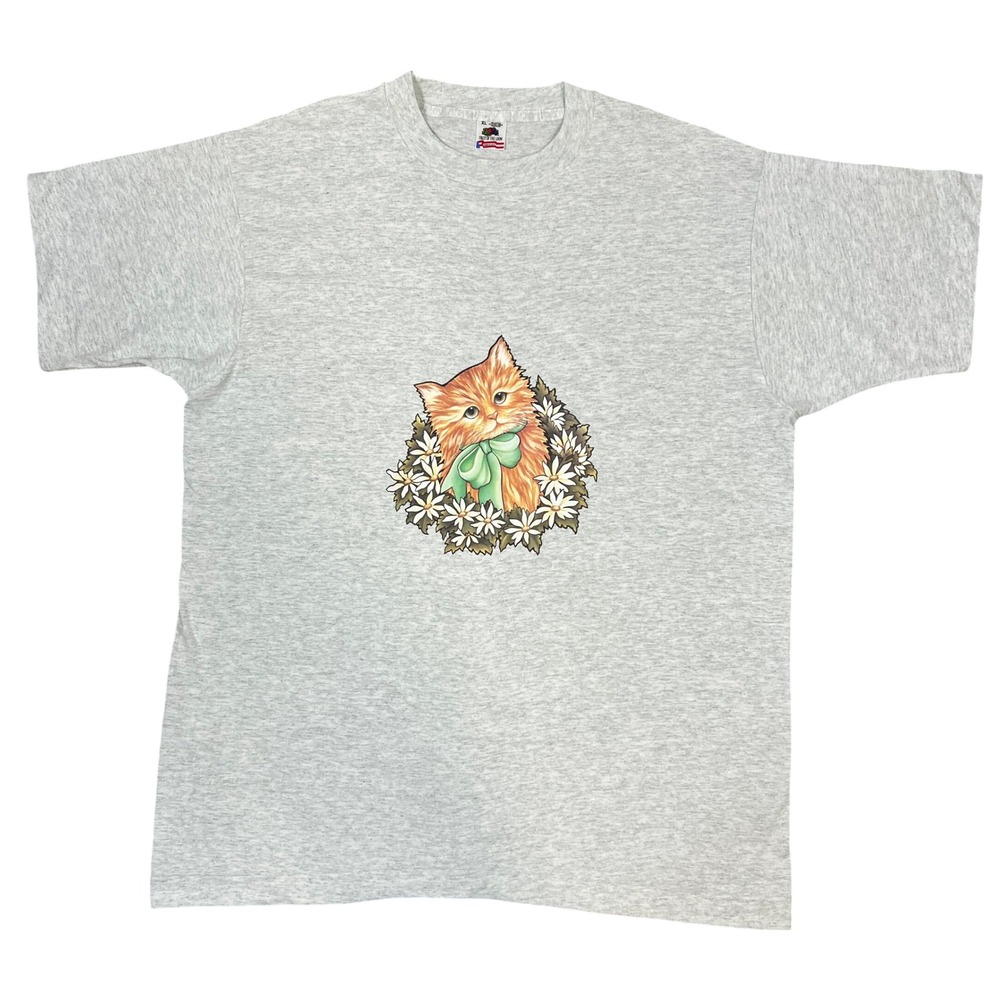 VTG 90s Kitten Cat Graphic Gray T-Shirt Sz XL Ginger Kitten Daisy Bow Floral USA